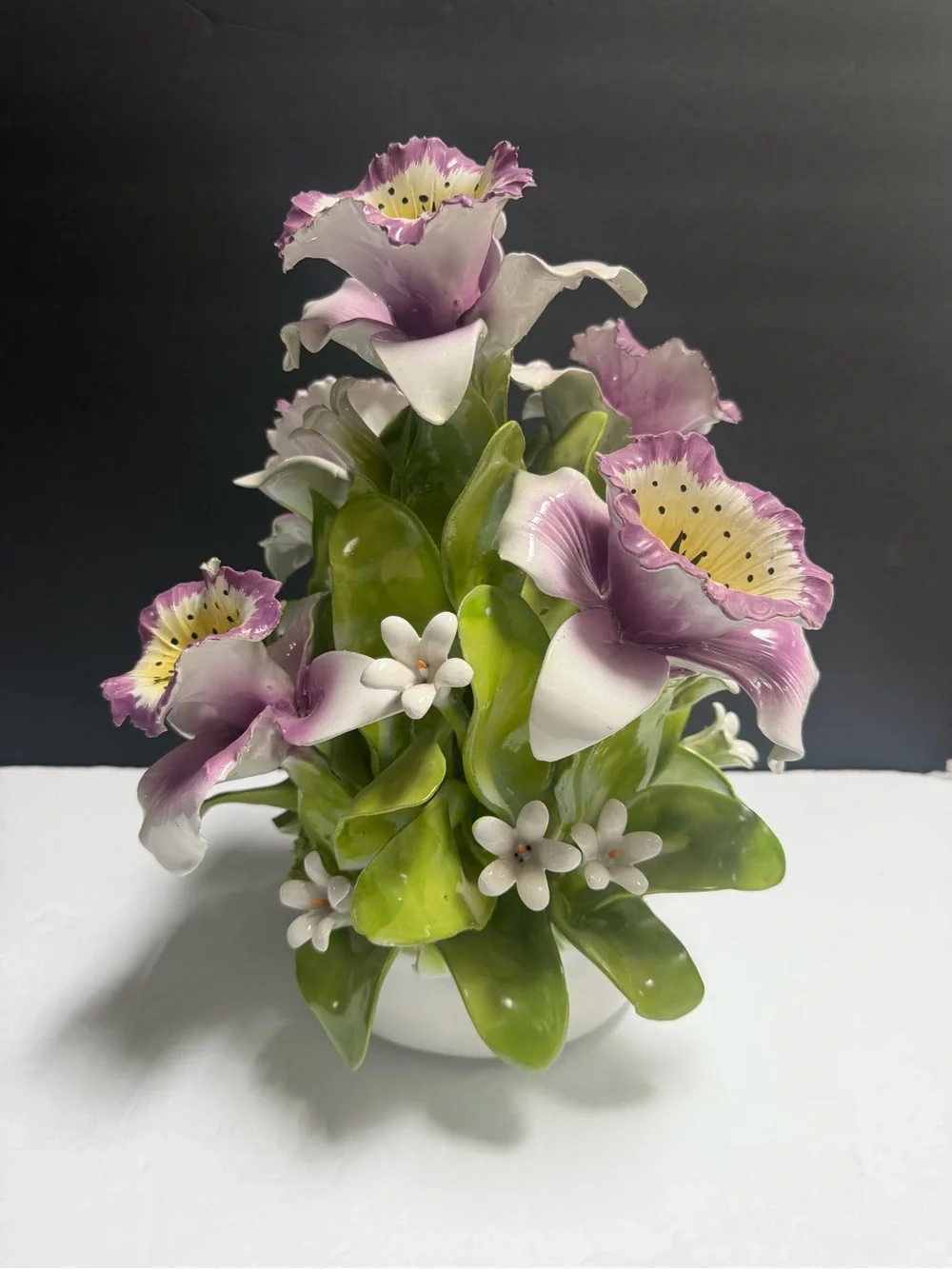 Vintage Capodimonte Italy Porcelain Pink Orchid Floral Arrangement 13”